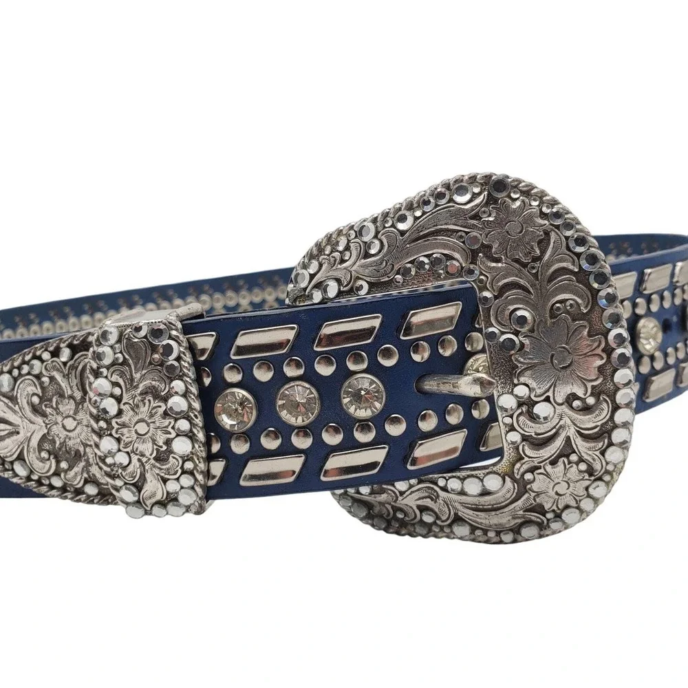 Nocona Blue Leather Belt 26 Crystal Studded Western Silver Floral Buckle Cowgirl